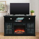 MAISON ARTS Glass Doors Fireplace TV Stand with Electric Fireplace Inserts 47" Farmhouse Media Console Table Entertainment Center for TVs Up to 55" for Home Living Room Bedroom, Black