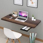 QARA (31X18.5 Inches Solid Wood Wall Mounted Round Corner Folding Study Table With Cup Holder | Wall Mount Table With Drawer | Foldable Laptop Desk For Home And Office Computer- Darkoak, Brown