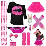 80s Outfit Accessories for Women, Lips Print T-Shirt Tutu Fanny Pack Legwarmers, 1980s Costume Retro Cosplay Theme Party, Pink, Medium