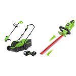 Greenworks Electric Lawn Mower 24V 33cm 30L Grass Catcher Box GD24LM33 and Cordless Grass Trimmer & G24HT56 Cordless Hedge Trimmer, 56cm Dual Action Blades, Cuts up to 18mm Thick Branches