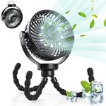 Hianjoo Stroller Fan with LED Light, 5200 mAh Desk Fan Silent Camping Fans with Hook 360° Rotation Flexible Portable Rechargeable Electric Powerful Cooling Fan for Office/Camping/Car/BBQ/Gym, Black