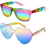 Hifot Colored Sunglasses Set, Heart Shaped Rimless Sunglasses + Rainbow Retro Sunglasses, Party Novelty Glasses for Women Men Kids, Festival Party Funky Lgbtq Rainbow 90s Sunglasses Accessories