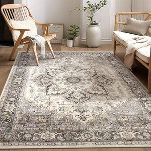 homewill Area Rug 5x7 Big Carpet for Living Room Bedroom Home Decor Washable Oriental Vintage Floral Distressed Rugs Large Indoor Carpets with Non Slip Back for Nursery Dining Office Floor -Grey Brown
