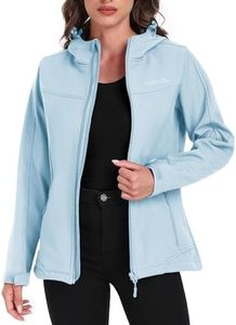 USHARESPORTS Women's Softshell Jacket Lightweight Fleece Lined Waterproof Coats Rain Jacket with Hood for Outdoor Hiking LIGHT BLUE XXL