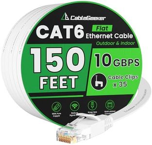 Cat 6 Ethernet Cable 150 ft, Indoor&Outdoor, High Speed 10Gbps Internet Network, Pure Copper Flat Ethernet Patch Cable Long, Computer LAN Cable with Clips & Straps for Router, Modem, PS4/5, White