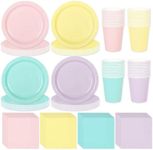 Whaline 244Pcs Pastel Tableware Set Serves 48 4 Colors Disposable Dinnerware 48 9" Plates 48 7" Plate 48 9oz Cups 100 Napkins for Wedding Birthday Party Supplies