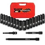 Awang Impact Socket Set 1/2-Inch,19 PCS Drive Master Deep Impact Socket Set 8mm - 24mm, CR-V with 3pcs Drive Impact Extension Bar Set 5",10",1/4 "Converter Metric