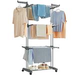 SONGMICS Clothes Drying Rack Stand 4-Tier, Foldable Laundry Drying Rack 68.1-Inch Tall, Stainless Steel, Rolling Clothes Horses Dryer Rack, Easy to Assemble, Indoor Outdoor Use, Gray ULLR701G01