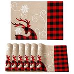 Alynsehom Christmas Placemats Set of 6 Cotton Burlap Buffalo Plaid Embroidered Placemats Deer Snowflake Holiday Christmas Table Mats Kitchen Table Decorations