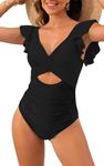 LONTANO One Piece Bathing Suit for Women Ruffle swimsuits for women Tummy Control Swimming suits for women with Removable Padded Black