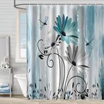 Greeston Farmhouse Daisy Flower Shower Curtain for Bathroom, Rustic Teal Country Floral Shower Curtain with Hooks, Waterproof Polyester Wood Bathroom Curtain 72 X 72 Inches