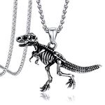 Bandmax Stainless Steel Dinosaur Necklace for Men Dinosaur Animal Skull Skeleton Pendant Chain T-rex Bone Charm Necklace for Jurassic Dinosaur Lover