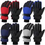 Wenouy 4 Pairs Kids Winter Gloves Waterproof Snow Ski Gloves for Cold Weather Adjustable Warm Accessories for Boys Girls Red, Gray, Dark Blue, Navy Blue, 8-12 Years