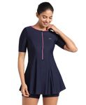 Speedo Women's Endurance10 Closedback Short Sleeve Swimdress with Boyleg - True Navy & Hotmauve