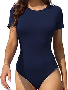 LAOLASI Women's Round Neck Short Sleeves Slim Fit Body Suit Basic Bodysuit Daily T Shirts Tops, Dark Blue 02, Small