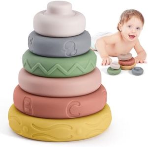 BOBXIN Stacking & Nesting Rings Toy, Soft Circle Stacker, 6 pcs Building Stacker,Teethers for Baby, Squeeze Play with Letter, Animal and Graphic, Toddler Learning Toys for 6 Month Old Boys Girls