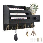 MaxEarn Wooden Key Holder with 4 Double Hooks, Decorative Key Hook Wall Mounted, Wall Organizer Shelf for Letter Storage, Key Rack for Home Hallway (Black)