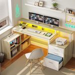 YITAHOME L Shaped Desk with 3 Drawers, 65" Corner Computer Desk with Power Outlets & LED Lights, L-Shaped Desk with File Cabinet & Printer Stand for Home Office, White & Oak