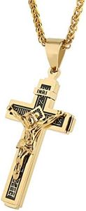 HZMAN Stainless Steel Cross Necklace for Men Women Religious Catholic Jesus Christ on INRI Crucifix Pendant 22+2 Chain (Silver & Gold)