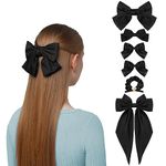 Black Hair Bow, 6PCS Hair Bows for Women Black Hair Clips Oversized Ribbon Bowknot Hairclip Soft Silky Satin Hair Bow Long Tail Hair Bows Clips French Barrette Hair Accessories Gift for Women