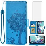 Asuwish Compatible with LG Q70 Wallet Case and Tempered Glass Screen Protector Flip Purse Accessories Wrist Strap Credit Card Holder Stand Cell Phone Cover for LGQ70 Q730 Q 70 LGQ70phone Men Blue