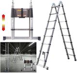 5M EN131 Telescoping Ladder Stainless Steel Frame Folding Retractable Safety Step Ladder,2.5M+2.5M A-Type Extension Tall Multi Purpose Loft Ladder Max Load 150kg,for Outdoor Working