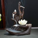 Lotus Flower/Monk Backflow Incense Burner, Large Handmade Ceramic Backflow Cone Sticks Incense Holder Home Decor Craftwork Figurine with 10 pcs Incense Cones (A Lotus)