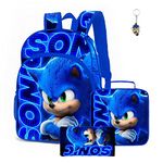 3Pcs Anime Hedgehog Backpack with Lunch Bag Pencil Case,16in 3D Printed Cartoon Game Bag Laptop Travel Backpack.