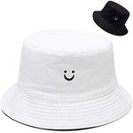 Malaxlx Cute Smile Face Embroidered Black White Bucket Hat Beach Sun Hat Aesthetic Fishing Hat for Men Women Teens, Reversible Double-Side-Wear