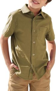 Boys Button Down Dress Shirt Short Sleeve Casual Cotton Solid Tops Uniform T-Shirt for Kids 4-13 Years Army Green