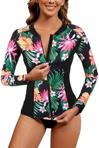 LURANEE Women's Zip Up Rash Guards for Women Long Sleeve Swimsuit UV Sun Protection Swim Shirts, Black Floral, X-Large