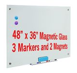 KUNOVA Magnetic Glass Whiteboard White Board Dry Erase Board, White, 4 X 3 Feet 48"x 36" 120 X 90 CM with 3 Markers and 2 Magnets