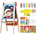 MEEDEN Easel for Kids, Double-Sided All-in-one Wooden Art Easel, Kids Art Easel Set with Paper Rolls, Magnetic Easel with Whiteboard & Chalkboard, Finger Paints, Accessories Easel for Toddlers