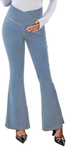 OUGES Womens Cotton Blend Stretchy V Cross High Waist Maternity Flare Jeans Bell Bottom Bootcut Jeans Pregnancy Must Haves Fall Clothes Trendy Denim Work Pants with Pockets 2025(Light Blue,XL)