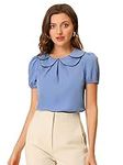 Allegra K Women's Puff Sleeve Summer Peter Pan Collar Blouse Tops Blue Medium