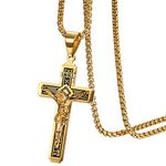 JewelryWe Men's Cross Necklace,Catholic Jesus Christ on INRI Cross Crucifix Stainless Steel Pendant Necklace 22" Chain,Gold