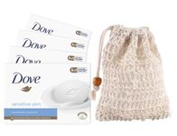 Dove Hypoallergenic Soap for sensitive skin x 4 bars with 1 x Exfoliating Soap Saver Pouch bundle by Wundle (Sensitive)