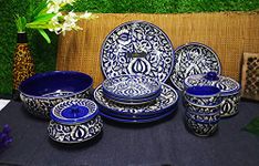 Caffeine Ceramic Handmade Stoneware Blue Mughal Combo Dinner Set (15 pcs. Microwave & Dishwasher Safe)