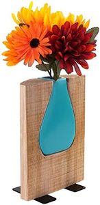EXCELLO GLOBAL PRODUCTS Matte Teal Glass and Wood Vase - Rustic Flower Vase Decorative Centerpieces for Dining Room Table Coffee Tables Vintage Farmhouse Decor (Short - 8" x 6")