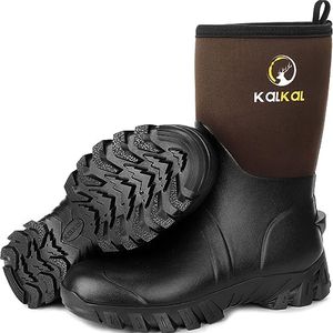 Kalkal Rubber Boots For Men, Neoprene Insulated Mens Rain Boots, Waterproof Mid Calf Mud Boots, Sturdy Rubber Work Boots For Fishing Farming Gardening Hunting, Brown 13