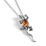 HENRYKA Lizard Necklace in 925 Sterling Silver and Baltic Amber, Salamander Gift, Statement Necklace, Gecko Reptile Jewellery Gift, Boho Necklace, Silver Charms Jewellery