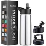 Triple Insulated Stainless Steel Water Bottle with Straw Lid - Flip Top Lid - Wide Mouth Cap (750 ML) Insulated Water Bottles, Keeps Hot and Cold - Great for Hiking & Biking (Brushed Stainless Steel)