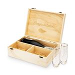 Twine Champagne Bottle Gift Box, Wine Box with Lid and 2 Stemless Champagne Flutes, Packing Straw, Holds 1 Champagne Bottle, Wood