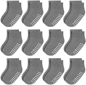 JAKIDAR 12-Pair Baby Socks Non-Slip Cotton Toddler Socks Ankle Socks for Baby, Gray 4-7T
