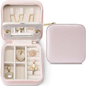 Vlando Plush Velvet Small Travel Jewelry Case, Mini Portable Jewelry Box for Women, Jewelry Travel Oragnizer with Mirror for Girls, Ring, Earring, Necklace, Bracelet, Travel Accessory, Blush Pink