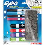 EXPO Low Odour Dry Erase Marker Set with White Board Eraser, Mixed-Tip Dry Erase Markers, Assorted Colours, 9-Piece Set