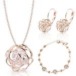 Crystalline Azuria Women 18 ct Rose Gold Plated White Crystal Roses Flower Set Necklace Earrings Bracelet for Women Wedding Party Bridal Bridesmaid Accessories