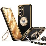 XYZ for Samsung Galaxy A54 5G Phone Case with Stand, Double Ring Holder Case Heart with Lanyard for Girls Women, Luxury Cute Bling Protective Phone Cover Case for Samsung A54 5G, Black