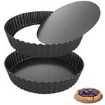 LOLYSIC 2 Pcs Deep Quiche Tins with Loose Bottom, 28cm 11inch Non Stick Tart Tin Fluted Flan Tin with Loose Base, Carbon Steel 5.5cm Deep Pie Tin Quiche Dishes for Baking, Black