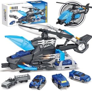 Frontoytall Police Rescue Helicopter Toy Set for Kids 3-8, Transport Cargo Helicopter with 3 Police Cars & Truck, Rotating Blades, Storage Cabin, STEM Learning Toys Gift for Boys Girls